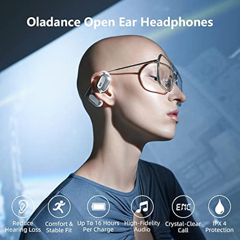 Oladance OWS1 Open Ear Headphones, Wireless Bluetooth 5.2 Headphones Air Conduction, Up to 16 Hours Battery Life with Carry Case, High Sound Quality with Dual 16.5mm Drivers Space Silver