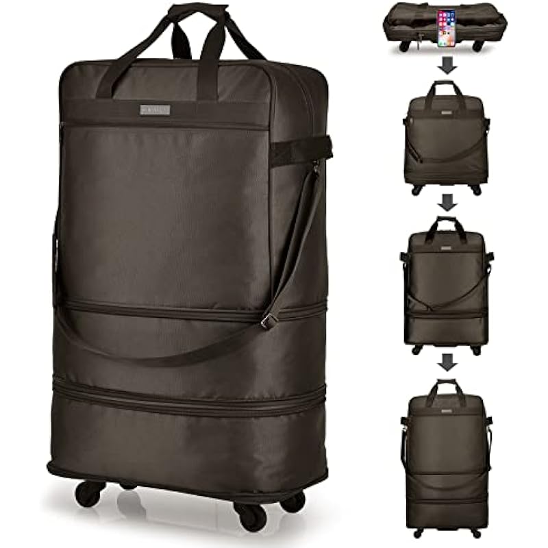 Hanke Expandable Foldable Suitcase, Large Suitcases Bag with Spinner Wheels Collapsible Lightweight Rolling Luggage Extend to 20 inch/24 inch/28 inch Travel Bag for Men Women(Coffee)