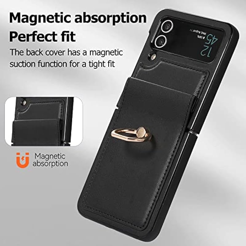 Phone Case for Samsung Galaxy Z Flip 4 5G 2021 Cover With Hinge Protection Ring Holder Stand Slim Shockproof Shell PU Leather Protective Cell Accessories ZFlip4 Z4 Flip4 4Z Flip4case Women Girls Black