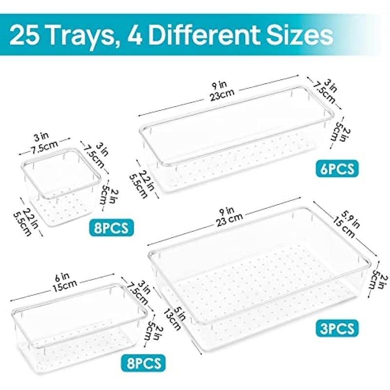 Vtopmart 25 PCS Plastic Clear Drawer Organizer, Acrylic Desk Drawer organizers, Organization and Storage for Makeup, Bathroom, Office, kitchen, Bedroom
