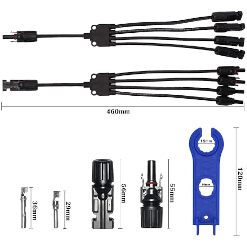 Solar Panel Connectors, Solar Connectors Y Branch Parallel Adapter Cable Wire Plug 1 to 4 MC4 Connectors, 5 Pair MC4 Male/Female Solar Panel Cable Connectors with 2pcs Wrench