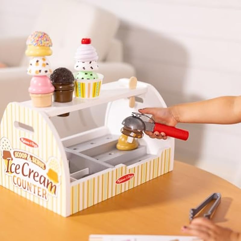 Melissa & Doug Wooden Scoop and Serve Ice Cream Counter (28 pcs) | Play Food and Accessories | Pretend Food, Ice Cream Toys, Ice Cream Shop Toys For Kids Ages 3+