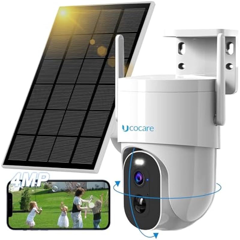Solar Security Cameras Wireless Outdoor 4MP QHD, UCOCARE 360° PTZ Camera Surveillance Exterieur WiFi with 15000mAh larger Battery, 30m Color Night Vision, PIR Motion Detection, Siren, 2-Way Talk, IP66