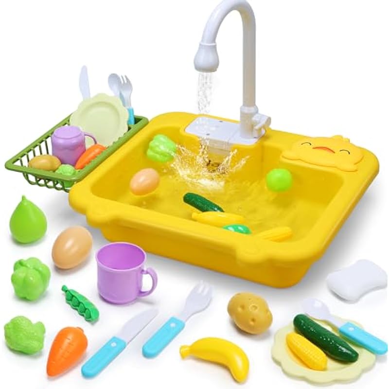CUTE STONE Kitchen Sink Toys W/ Running Water, Play Sink Dishwasher W/ Upgraded Electric Faucet, Automatic Water Cycle System, Educational Pretend Role Play Kitchenware Toys for Kids Boys Girls(Duck)
