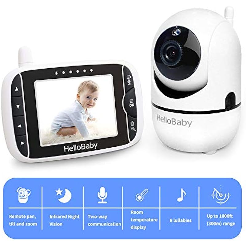 HelloBaby Baby Monitor, Video Baby Monitor with Camera Remote Pan-Tilt-Zoom, 3.2 inches Screen, Infrared Night Vision, Two Way Audio, Temperature Display, Smart VOX Mode