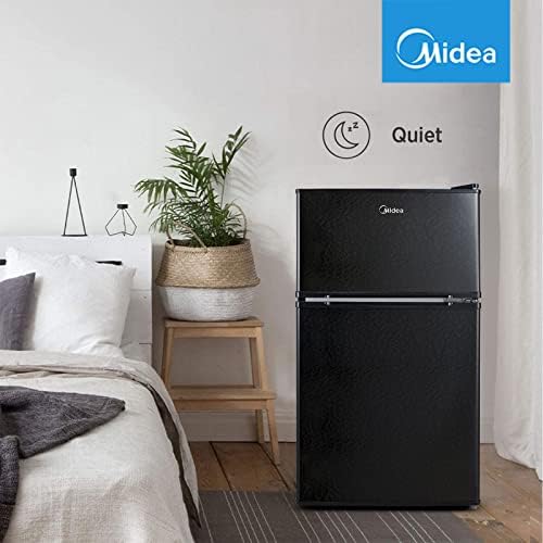 Midea WHD-113FB1 Double Door Mini Fridge With Freezer For Bedroom Office With Adjustable Legs Removable Glass Shelves Compact Refrigerator, 3.1 Cu Ft, Black