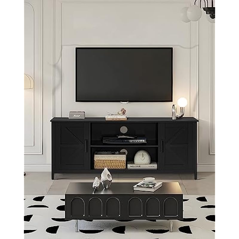 WEENFON Farmhouse Wood TV Stand for up to 55 Inch TV, Television Stands with 2 Barn Doors, TV & Media Furniture for Living Room,Bedroom, Black CWFTS03H