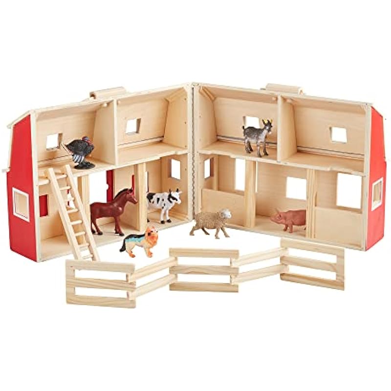 Melissa & Doug Fold and Go Wooden Barn With 7 Animal Play Figures – Farm Animals Barn Toy, Portable Toys, Farm Toys For Kids And Toddlers Ages 3+