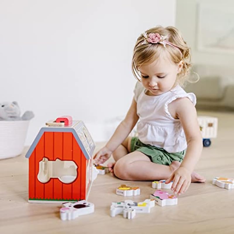 Melissa & Doug Wooden Take-Along Sorting Barn Toy with Flip-Up Roof and Handle, 10 Wooden Farm Play Pieces – Farm Toys, Shape Sorting And Stacking Learning Toys For Toddlers And Kids Ages 2+