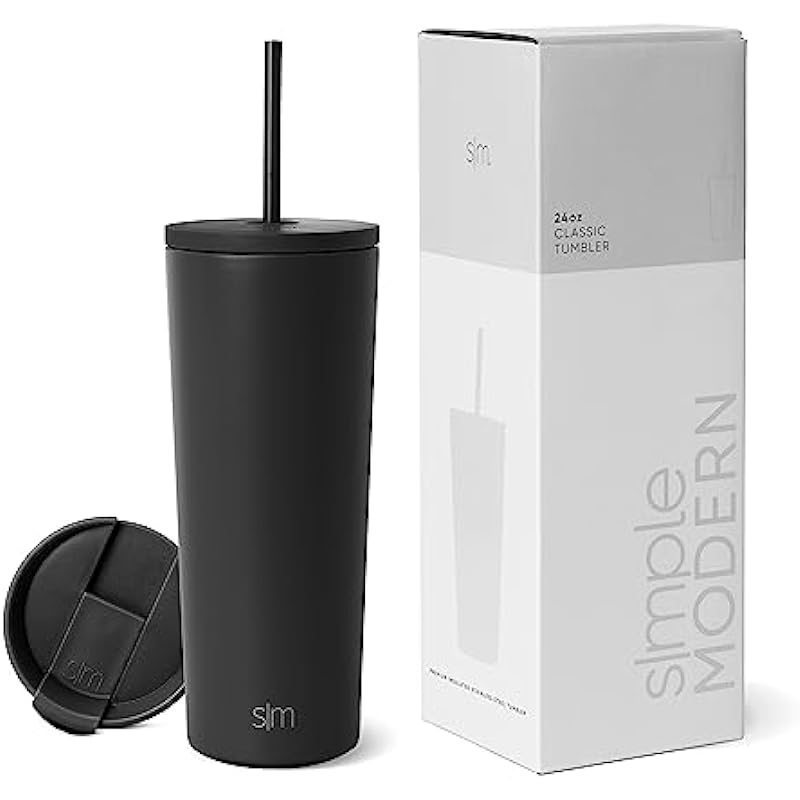 Simple Modern Insulated Tumbler with Straw and Lid | Iced Coffee Cup Reusable Stainless Steel Water Bottle Travel Mug | Gifts for Women & Men | Classic Collection | 24oz | Midnight Black