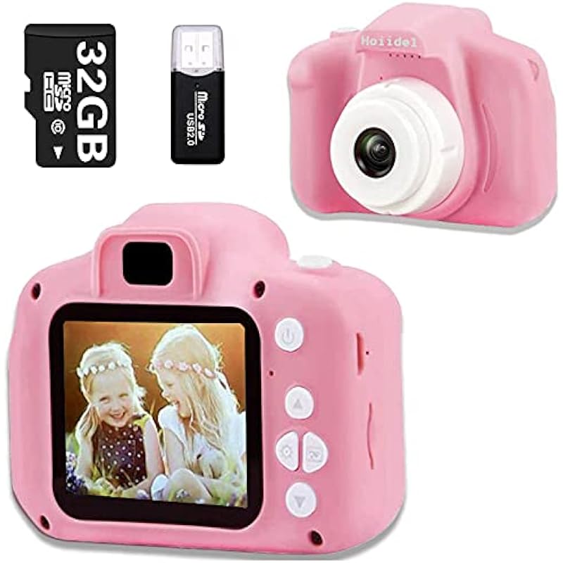 Hoiidel Kids Camera, Birthday Christmas Holiday Kids Gifts for 3-12 Age Girls Boys Toys, 2 Inch 1080P Rechargeable Action Camera with 32GB SD Card，Reader Card (Pink(Carder Reader))