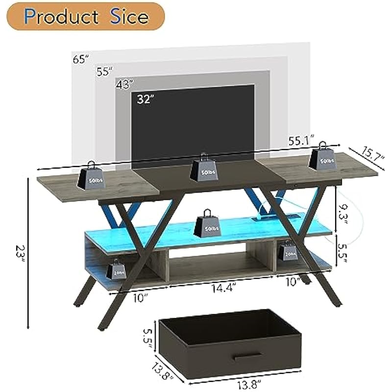 Yusong 65 inch LED TV Stand, Entertainment Center Gaming TV Table with Outlets, Up to 65″ Media Console for Living Room, 29+DIY Dynamic RGB Modes, Greige+Black