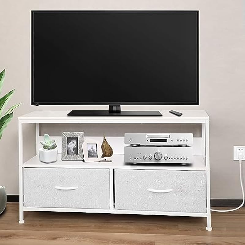 TV Stand with Sotrage, 2 Outlets and 2 USB Ports and Fabric Drawers, Media Console for TV up to 45″. Great Storage Drawer Unit for Bedroom, Dorm, Living Room, Entryway & Closet – Light Grey