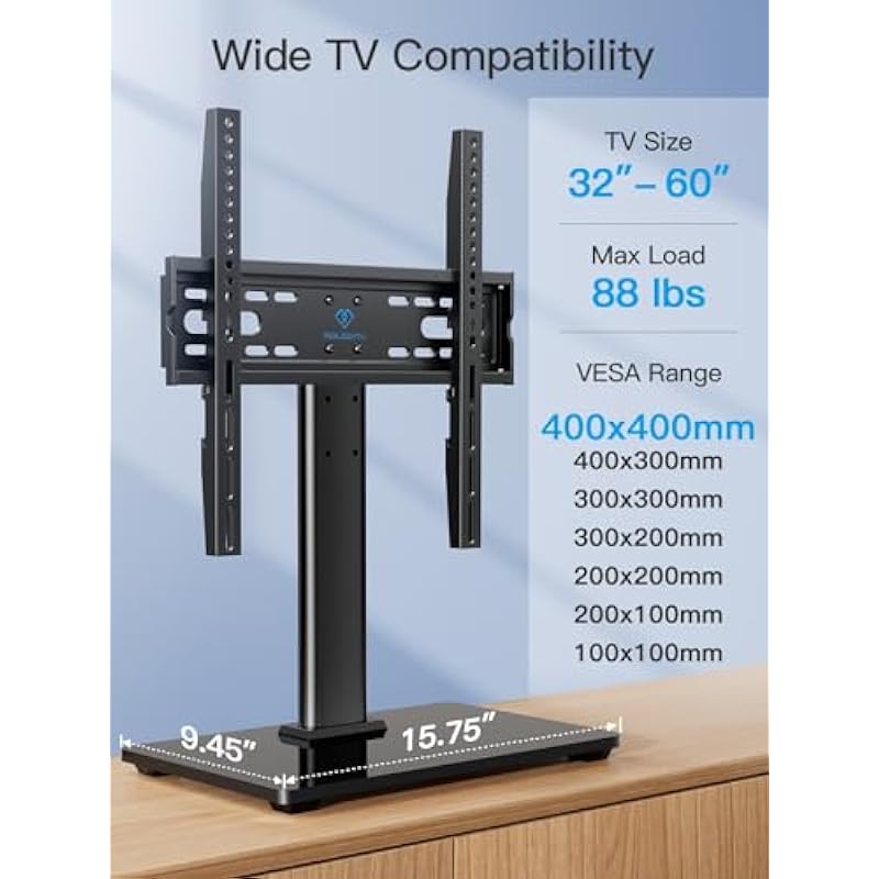 PERLESMITH Universal TV Stand – Table Top TV Stand for 32-60 inch LCD LED TVs – Height Adjustable TV Base Stand with Tempered Glass Base & Wire Management, VESA 400x400mm