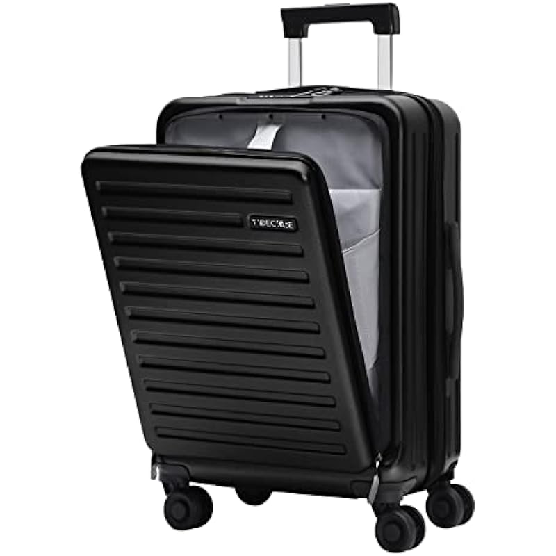 TydeCkare 20 Inch Luggage Carry On with Front Pocket, 22×14.6x10in, 45L, Lightweight ABS+PC Hardshell Suitcase with TSA Lock, YKK Zipper & 4 Spinner Silent Wheels, Black