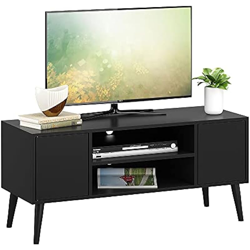 HOMEFORT Retro TV Stand, Mid-Century TV Console Table, Fits up to 55-inch Television, Modern Entertainment Cabinet with Storage and Shelves Cabinet for Living Room, Office, Bedroom (Black)