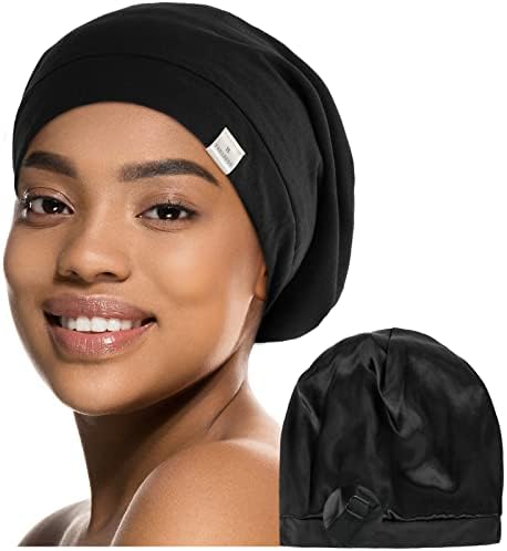 YANIBEST Silk Satin Bonnet Hair Cover Sleep Cap – Adjustable Stay on Silk Lined Slouchy Beanie Hat for Night Sleeping