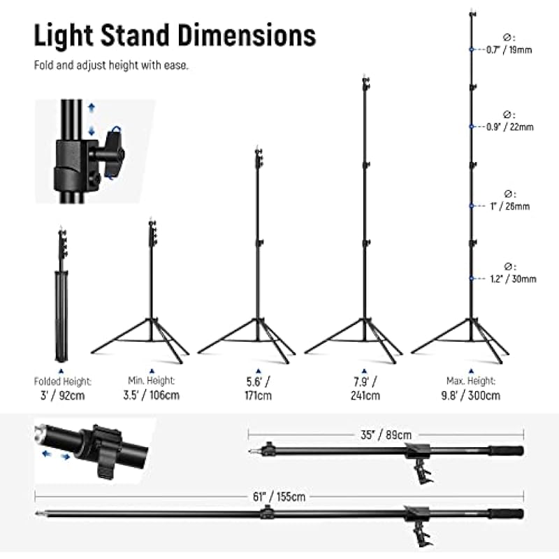 NEEWER Air Cushioned Aluminum Light Stand, 9.8ft/3m Adjustable Photography Stand with Boom Arm, Counterweight, Sandbag, 1/4″ Screw for Softbox, Studio Light, Flash, Umbrella, Ring Light, Max Load 5kg