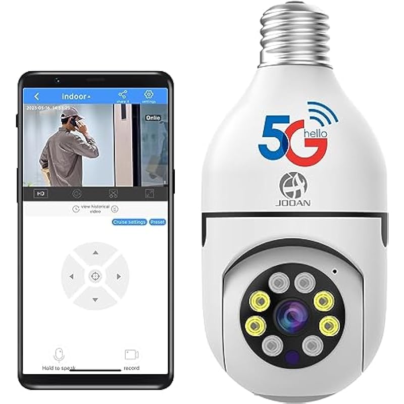 JOOAN Light Bulb Security Camera Wireless Indoor WiFi Security Camera[5G & Auto Tracking & Siren Alert] 360 Guard,Micro SD& Cloud Record,No Card Inside