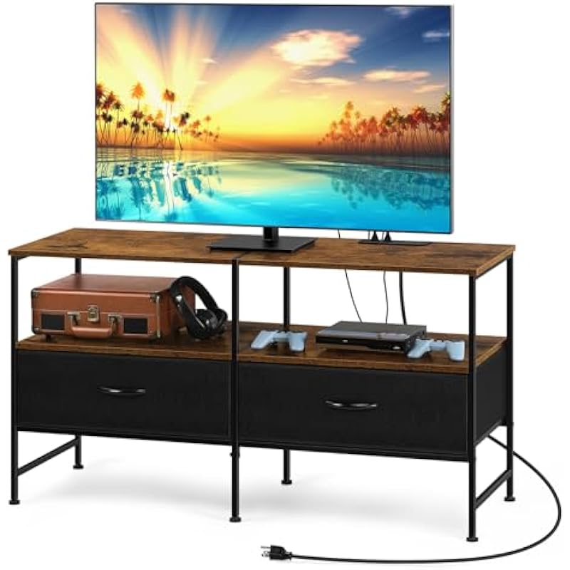 OYEAL TV Stand for 40/50 Inches TV Living Room Entertainment Center with Storage Drawers TV Dresser with Power Outlets for Bedroom, Rustic Brown