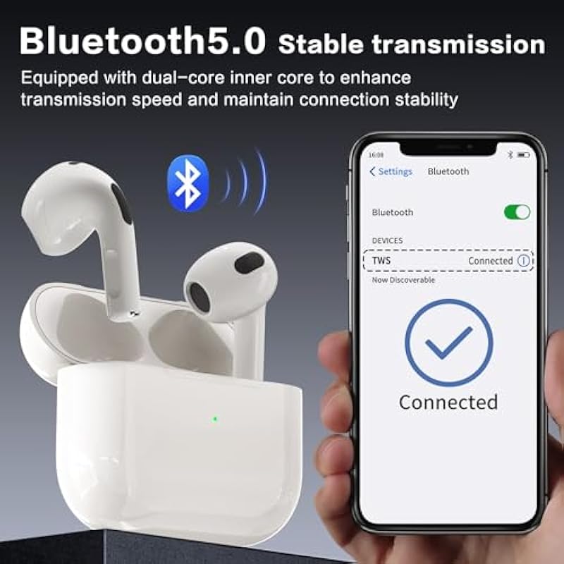 AirPods Wireless Earbuds, Air Pods Headphones Earbuds Headset with Touch Control, Noise Cancelling, Built-in Microphone with Charging case for iPhone/iOS/Android – White