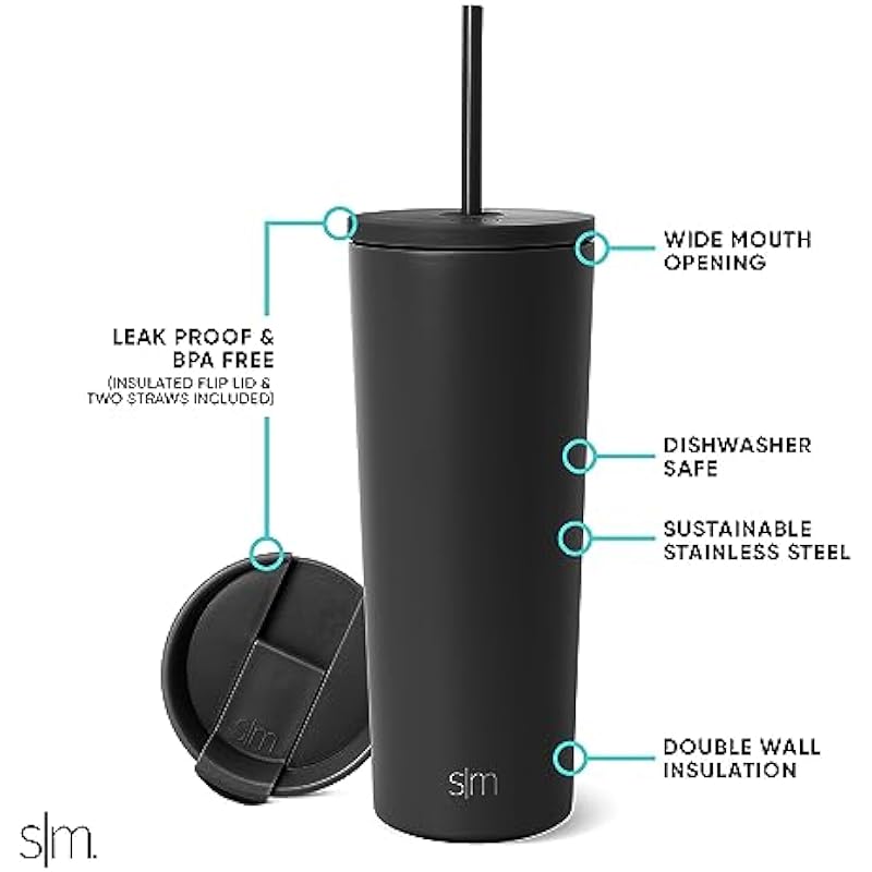 Simple Modern Insulated Tumbler with Straw and Lid | Iced Coffee Cup Reusable Stainless Steel Water Bottle Travel Mug | Gifts for Women & Men | Classic Collection | 24oz | Midnight Black