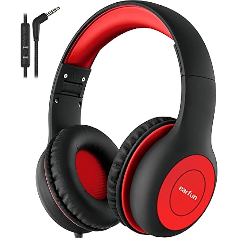 EarFun K1 Kids Headphones Wired with Microphone, 85/94dB Volume Limit Headphones for Kids, Portable Wired Headphones with Sharing Jack, Stereo Sound, Foldable Headset for Tablet/iPad/Kindle, Black Red