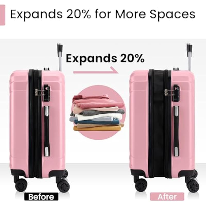 AnyZip Luggage Sets Expandable PC ABS 3 Piece Set Durable Suitcase with Spinner Wheels TSA Lock Carry On 20 24 28 Inch Pink