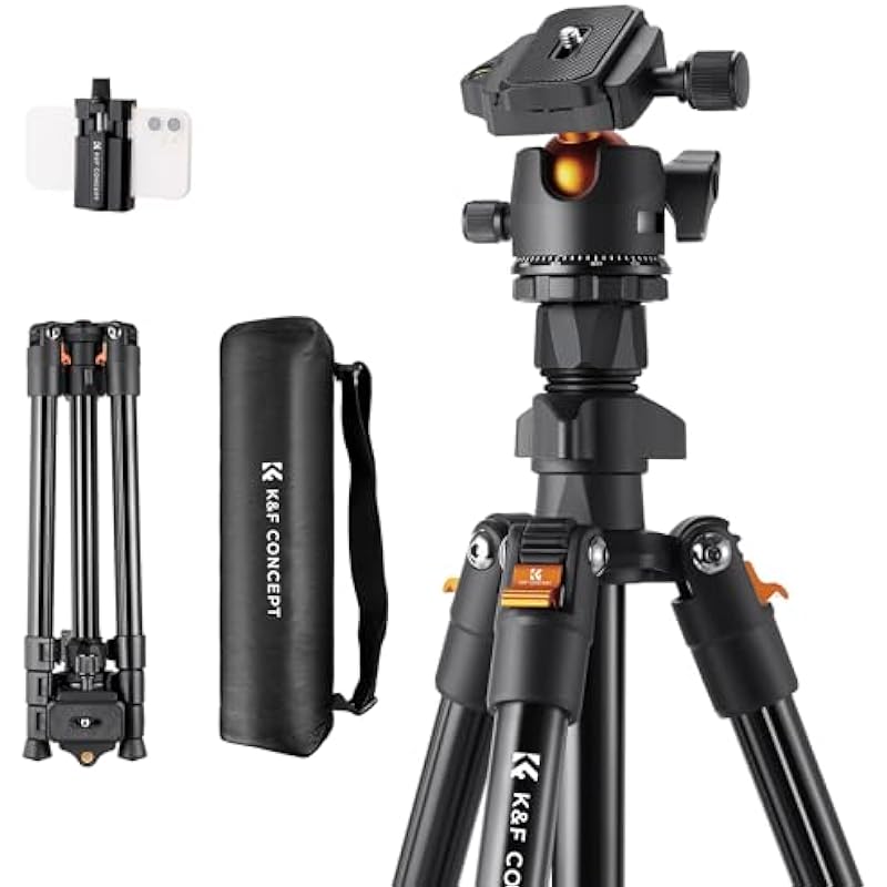 K&F Concept 64 inch/163cm Camera Tripod,Lightweight Aluminum Travel Outdoor Tripods with Metal Ball Head Load Capacity 8kg/17.6lbs,Quick Release Plate, for DSLR Cameras K234A0+BH-28L