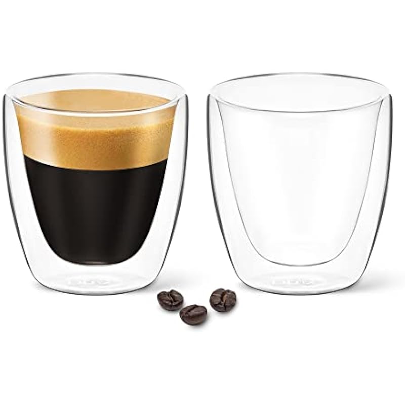 DLux Espresso Coffee Cups 80ml, Double Wall, Clear Glass Set of 2 3oz Glasses, Insulated Borosilicate Glassware Tea Cup Mug