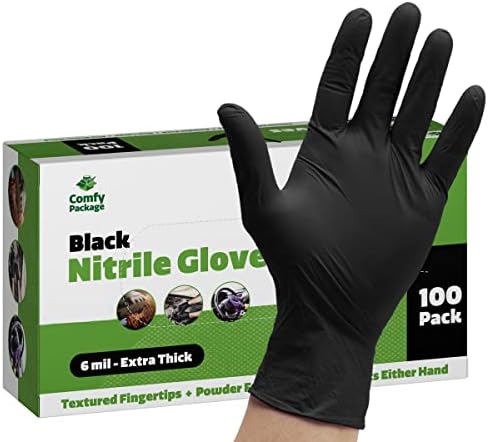 Black Nitrile Disposable Gloves 6 Mil. Extra Strength Latex & Powder Free, Chemical Resistance, Textured Fingertips Gloves