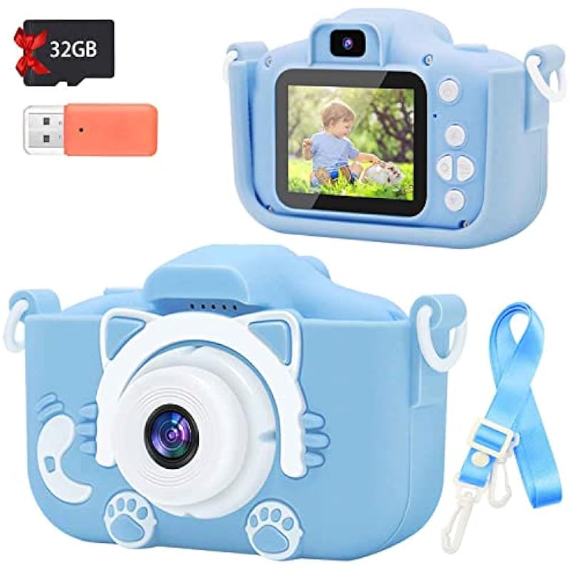 Kids Camera Toys for 3 4 5 6 7 8 9 10 11 12 Year Old Boys Girls, Kids Digital Camera for Toddler with HD Video, Christmas Birthday Gifts for Kids, Children Selfie Camera for Kids, 32GB SD Card (Blue)