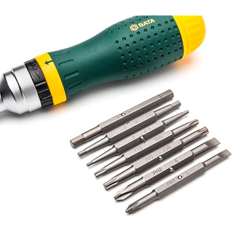 SATA 19-in-1 Multipurpose Ratcheting Screwdriver Set with 8 Double-Sided Bits and a Green and Yellow Oil-Resistant Handle – ST09350, 10 Piece