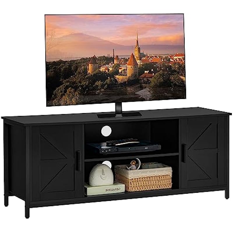 WEENFON Farmhouse Wood TV Stand for up to 55 Inch TV, Television Stands with 2 Barn Doors, TV & Media Furniture for Living Room,Bedroom, Black CWFTS03H