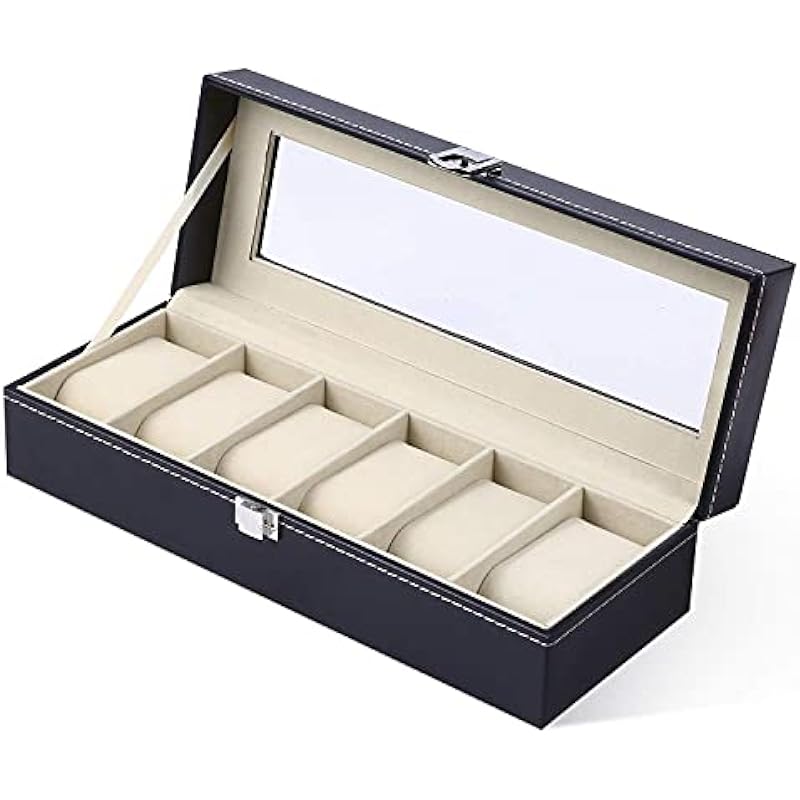 Ohuhu Watch Box for Men 6 Slot Watch Organizer Jewelry Box Leather Watch Cabinet Storage Organizer Case, Ideal for Birthday Father’s Day Valentine’s Day