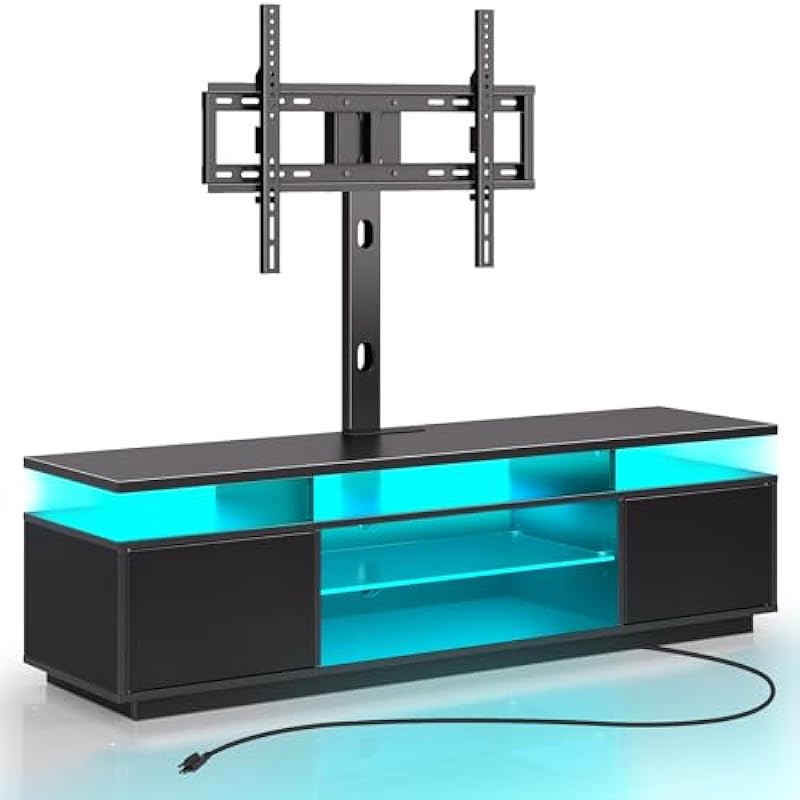 Rolanstar TV Stand with Mount and Power Outlet 59.1″, Swivel TV Stand Mount for 32/45/55/60/65/70 inch TVs, Height Adjustable Modern Entertainment Center with Storage & LED Lights, Black TV Table