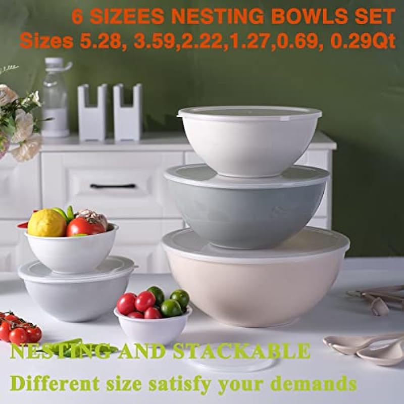 Mixing Bowls with Airtight Lids, Umite Chef 18 Piece Plastic Nesting Bowls Set Includes Measuring Cups, Microwave Safe Mixing Bowl Set Great for Mixing, Baking, Serving, Dishwasher (Khaki) …