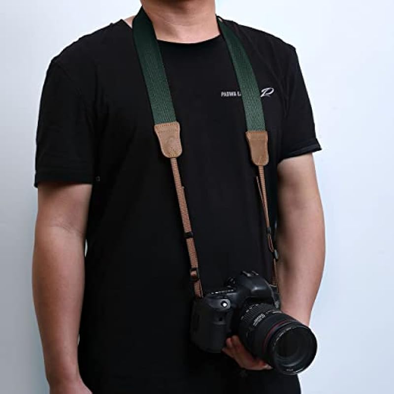 Dark Green Camera Strap,Double Layer top-grain Cowhide Ends,1.5″Wide Pure Cotton Woven Camera Strap,Adjustable Universal Neck & Shoulder Strap for All DSLR Cameras,Great Gift for Photographers