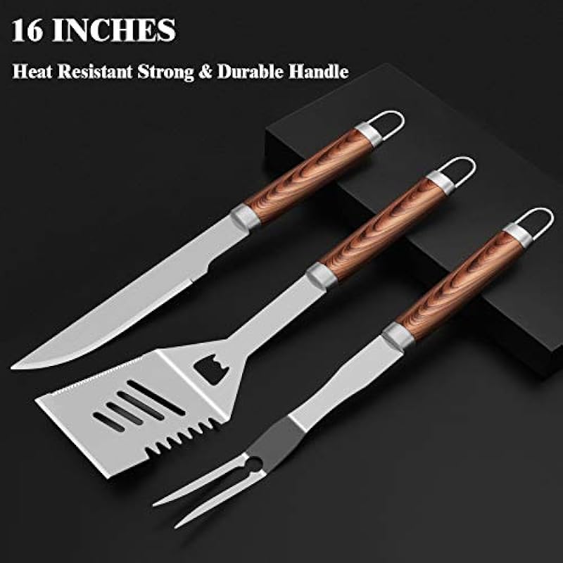 ROMANTICIST 25pcs Extra Thick Stainless Steel Grill Tool Set for Men, Heavy Duty Grilling Accessories Kit for Backyard, BBQ Utensils Gift Set with Spatula,Tongs in Aluminum Case for Birthday Brown