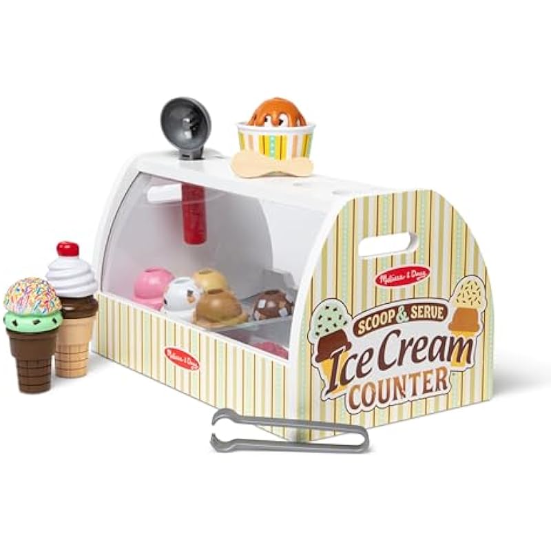 Melissa & Doug Wooden Scoop and Serve Ice Cream Counter (28 pcs) | Play Food and Accessories | Pretend Food, Ice Cream Toys, Ice Cream Shop Toys For Kids Ages 3+