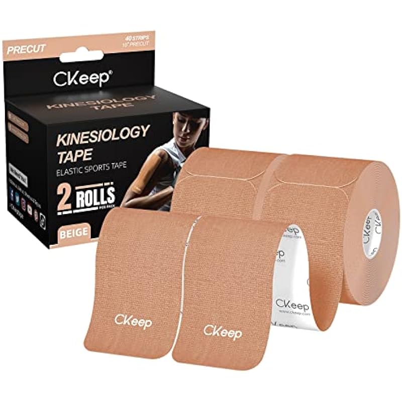 CKeep Kinesiology Tape (2 Rolls), Original Cotton Elastic Premium Athletic Tape,33 ft 40 Precut Strips in Total,Hypoallergenic and Waterproof K Tape for Muscle Pain Relief and Joint Support