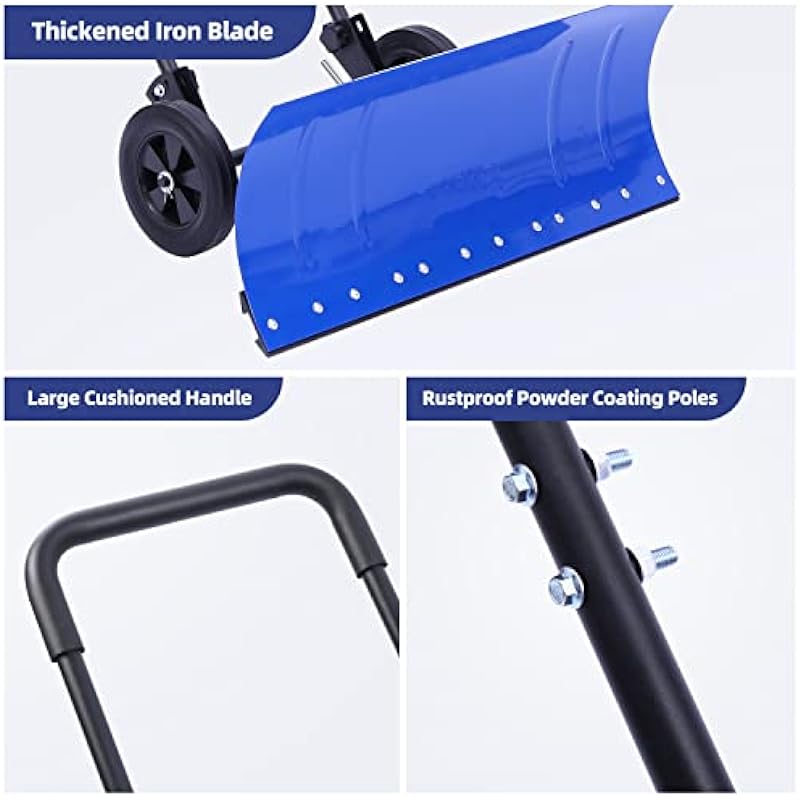 Ohuhu Snow Shovel for Driveway: Heavy Duty Wheeled Metal Snow Shovels with 30″x12″ Wide Blade for Snow Removal, Snow Pusher with Wheels Adjustable Angle & Height for Doorway, Gift for Christmas