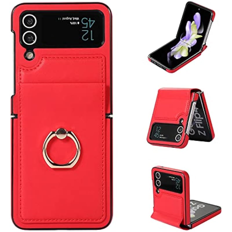 Phone Case for Samsung Galaxy Z Flip 4 5G 2021 Cover with Hinge Protection Ring Holder Stand Slim Shockproof Shell PU Leather Protective Cell Accessories ZFlip4 Z4 Flip4 4Z Flip4case Women Girls Red