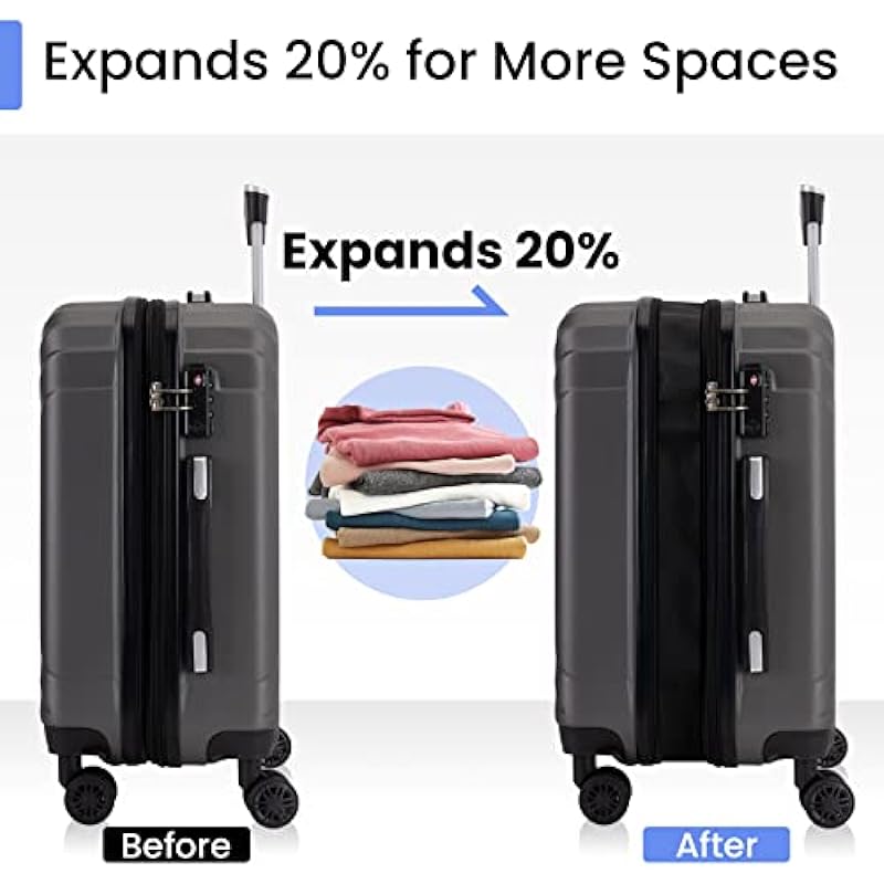 AnyZip Luggage Sets Expandable PC ABS 3 Piece Set Durable Suitcase with Spinner Wheels TSA Lock Carry On 20 24 28 Inch Gray