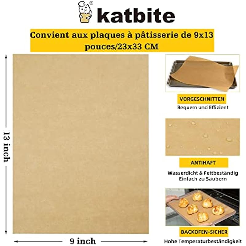 Katbite 200pcs Unbleached Parchment Paper Sheets 9×13 inch (12×16 Optional) Heavy Duty, Baking Paper Parchment for Cookies, Bread, Meat, Pizza