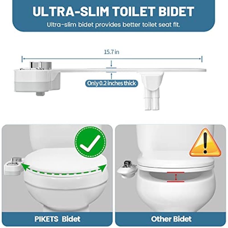 PIKETS Bidet Attachment for Toilet, Dual Nozzle (Frontal and Rear Wash) Non-Electric Fresh Water Toilet Seat Attachment with Nozzle Self Cleaning, Adjustable Water Pressure(Chrome Silver)