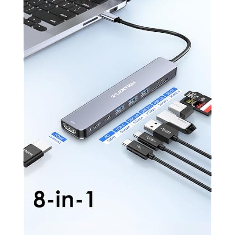 LENTION 8 in 1 USB C Hub, Adapter with 4K 60Hz HDMI, Type C Data Port, 100W PD Charging, SD/Micro SD Card Reader, 3 USB 3.0, for 2023-2016 MacBook Pro, New Mac Air/Surface, More, (CE18s, Space Gray)