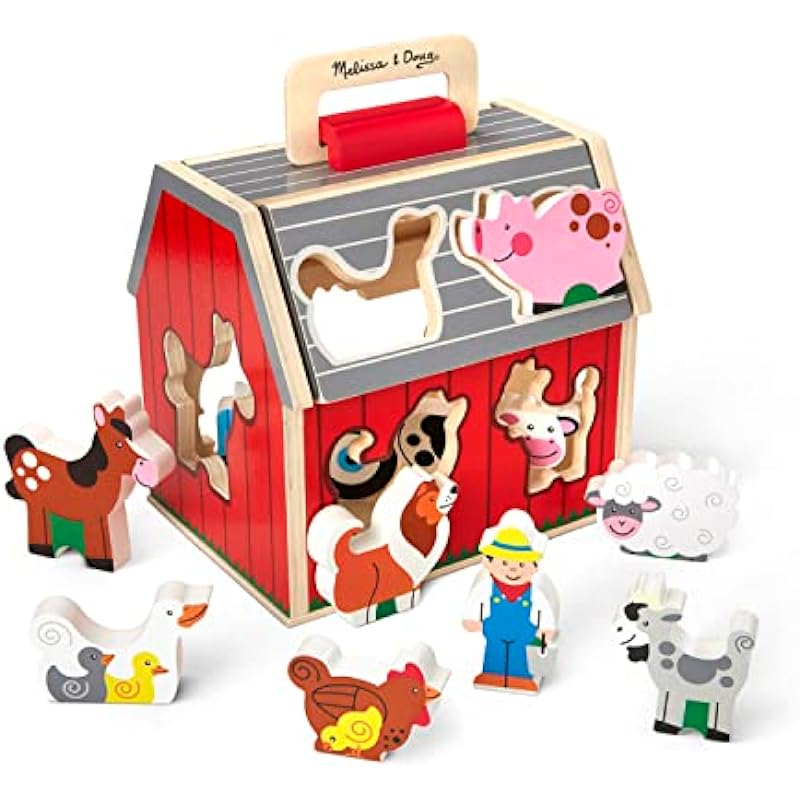 Melissa & Doug Wooden Take-Along Sorting Barn Toy with Flip-Up Roof and Handle, 10 Wooden Farm Play Pieces – Farm Toys, Shape Sorting And Stacking Learning Toys For Toddlers And Kids Ages 2+