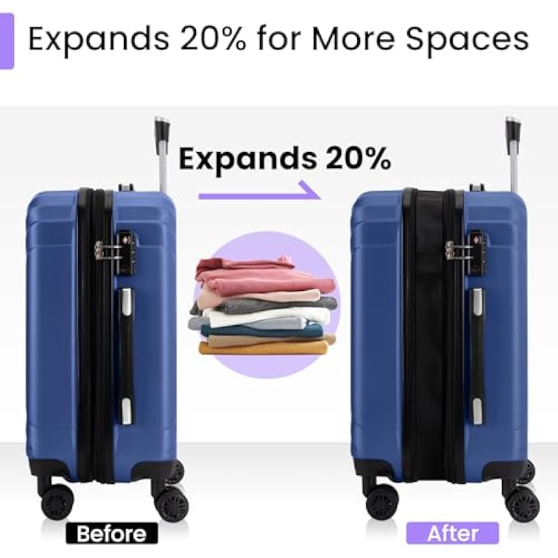 AnyZip Luggage Sets Expandable PC ABS 3 Piece Set Durable Suitcase with Spinner Wheels TSA Lock Carry On 20 24 28 Inch Blue