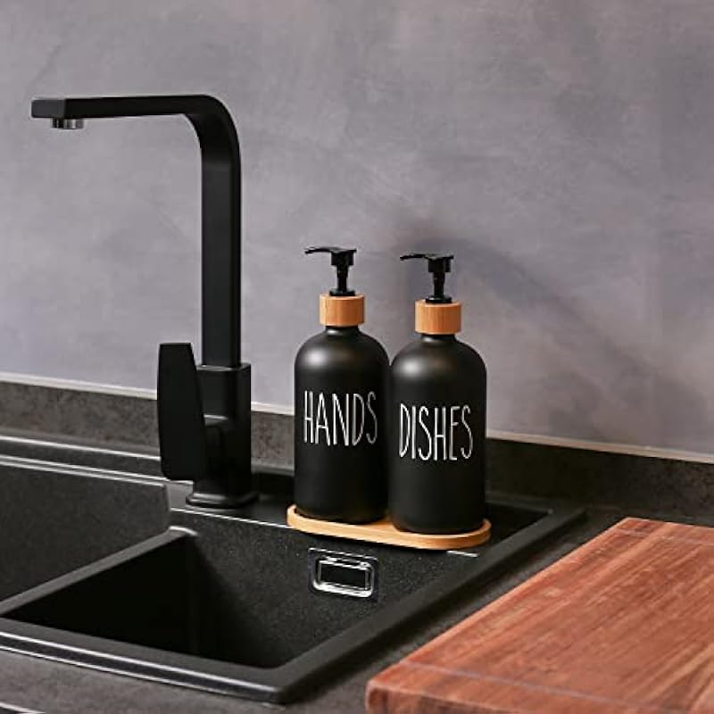 MOMEEMO Matte Black Glass Soap Dispenser Set – Hand and Dish Soap Dispensers Suitable for Rustic Kitchen Decor (Black)